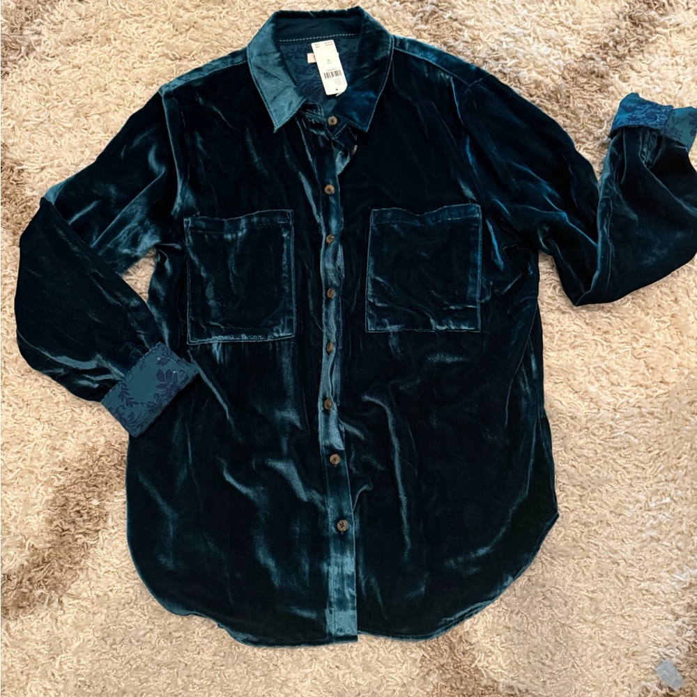 NWT Anthropologie Pilcro Teal Velvet Shirt